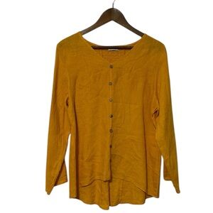 100% Linen Tunic Long Sleeve Button Front Lagenlook Yellow Made in Italy Spring